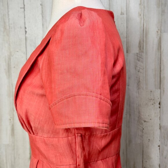 Voom By Joy Han Coral Pink Retro Pin-Up Short Sleeve Faux Wrap Pencil Dress Sz S - Picture 4 of 11